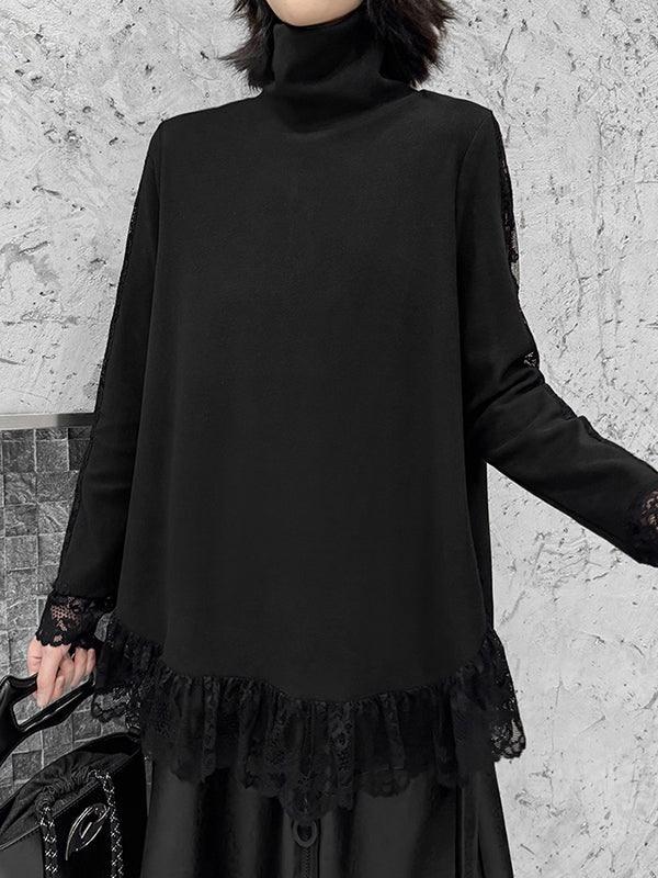 Hipster Long Sleeves See-Through Split-Joint High Neck T-Shirts Tops