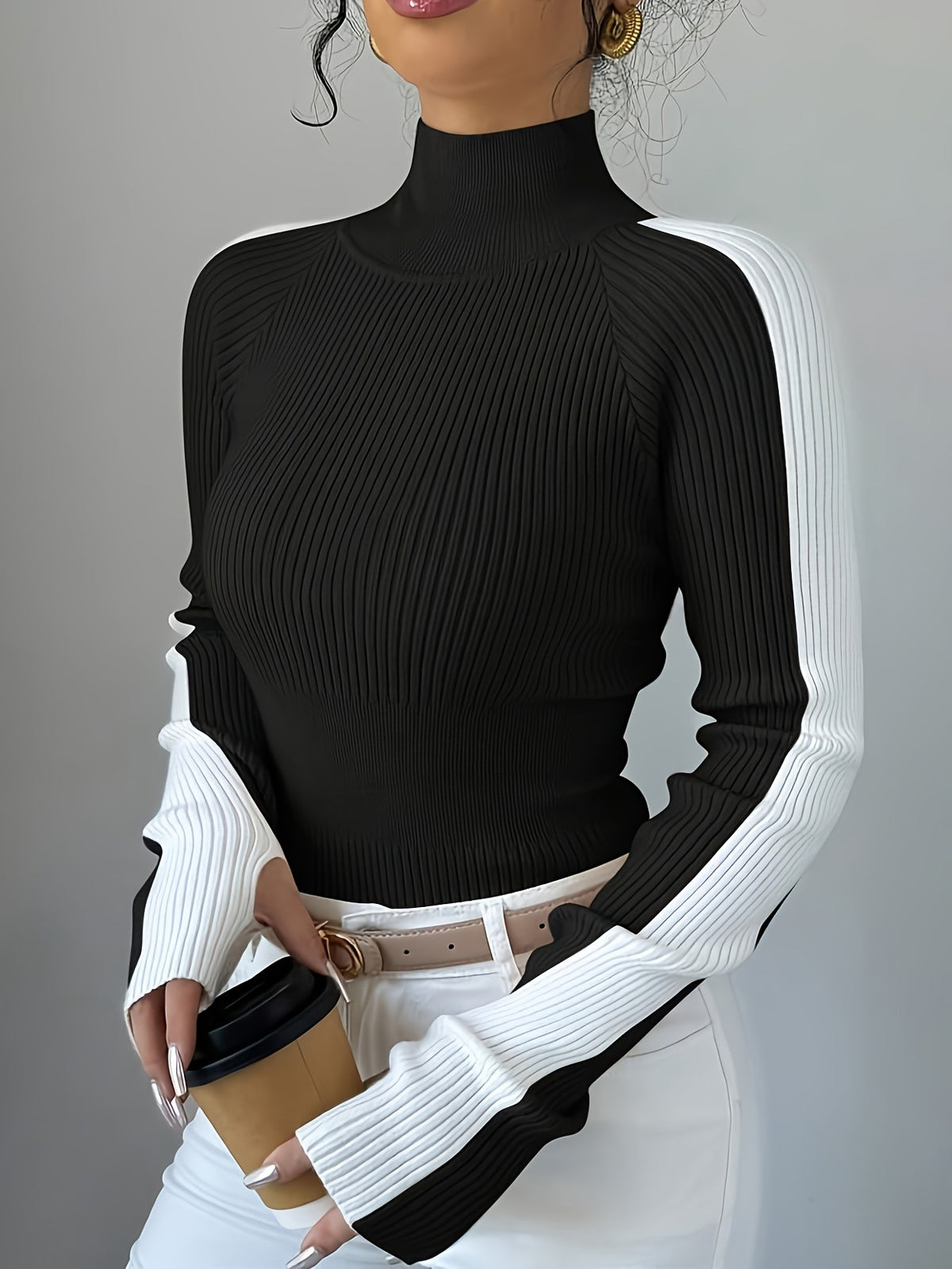 Contrast Color Skinny Long Sleeves High-neck Sweater Tops Pullovers