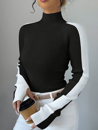 Contrast Color Skinny Long Sleeves High-neck Sweater Tops Pullovers
