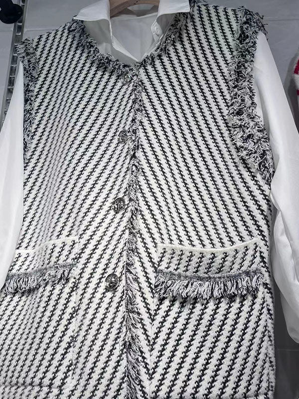Gilet ample sans manches à poches boutonnées et à franges, rayé, col en V, vêtements d'extérieur 