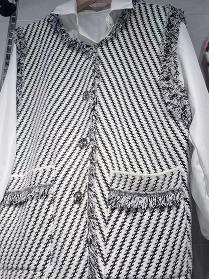 Gilet ample sans manches à poches boutonnées et à franges, rayé, col en V, vêtements d'extérieur 