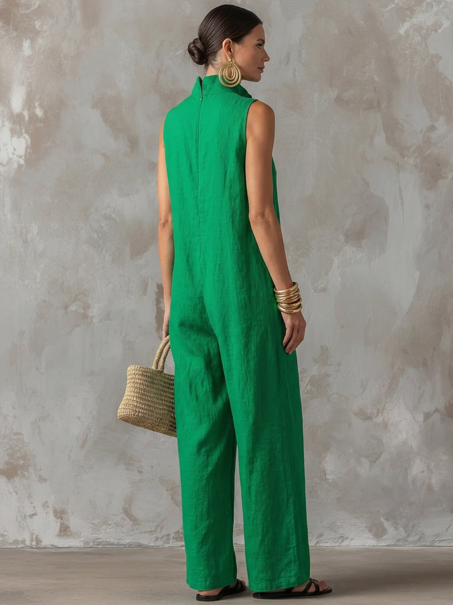 Solid Color Pockets Buttoned Wide Leg Sleeveless Stand Collar Jumpsuits