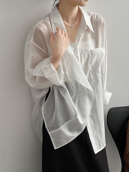 Irregular Clipping Long Sleeves Solid Color Lapel Blouses&Shirts Tops
