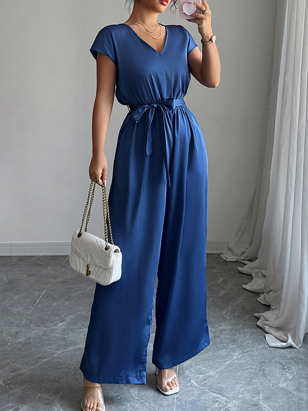 High Waisted Loose Backless Pleated Pockets Solid Color Tied Waist V-Neck Jumpsuits