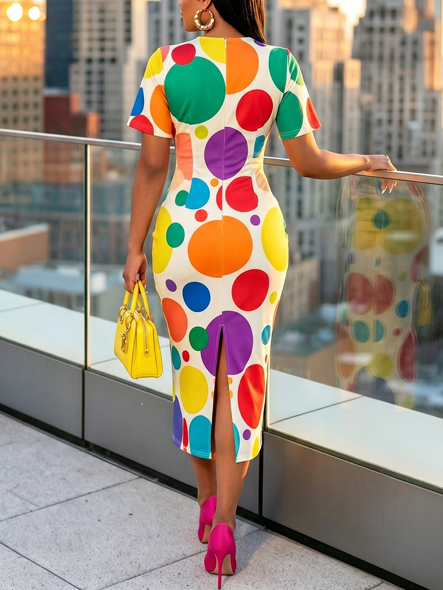 Bodycon Short Sleeves Colorful Contrast Color Polka Dot Split-Back Split-Joint Tied Round-Neck Midi Dresses