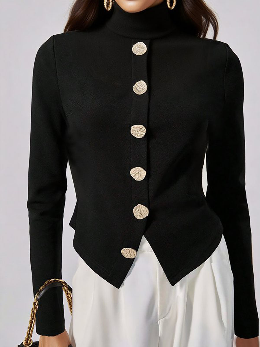 Long Sleeves Buttoned Solid Color High Neck Pullovers Sweater Tops