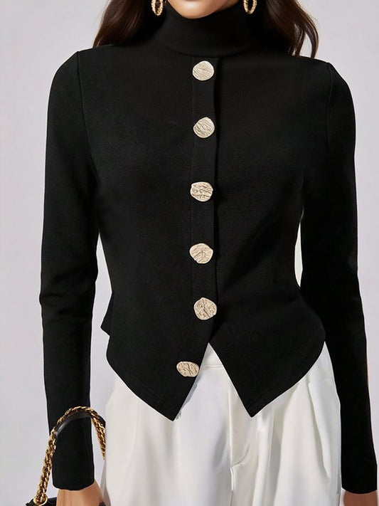 Long Sleeves Buttoned Solid Color High Neck Pullovers Sweater Tops