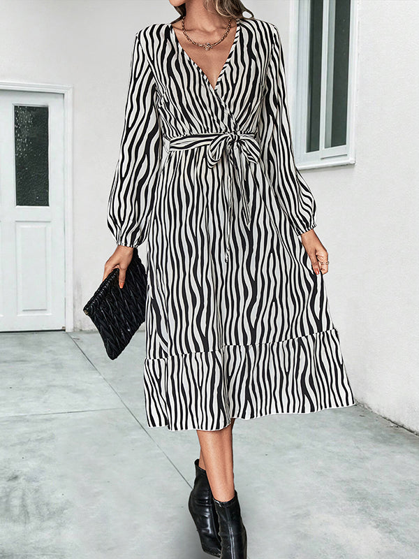High Waisted Long Sleeves Tied Waist Zebra-Stripe V-Neck Midi Dresses