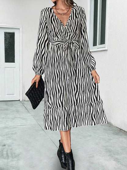 High Waisted Long Sleeves Tied Waist Zebra-Stripe V-Neck Midi Dresses