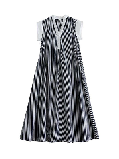 Cap Sleeve Loose Buttoned Striped Lapel Maxi Dresses Shirt Dress