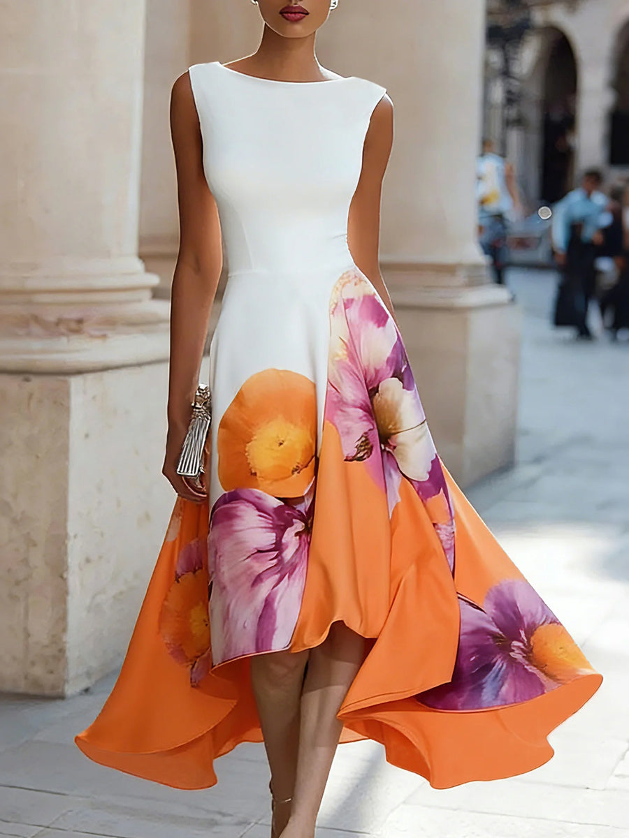 A-Line High-Low Contrast Color Flower Print Pleated Zipper Round-Neck Midi Dresses