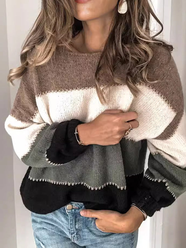 Long Sleeves Loose Contrast Color Split-Joint Striped Round-Neck Pullovers Sweater Tops GRAY