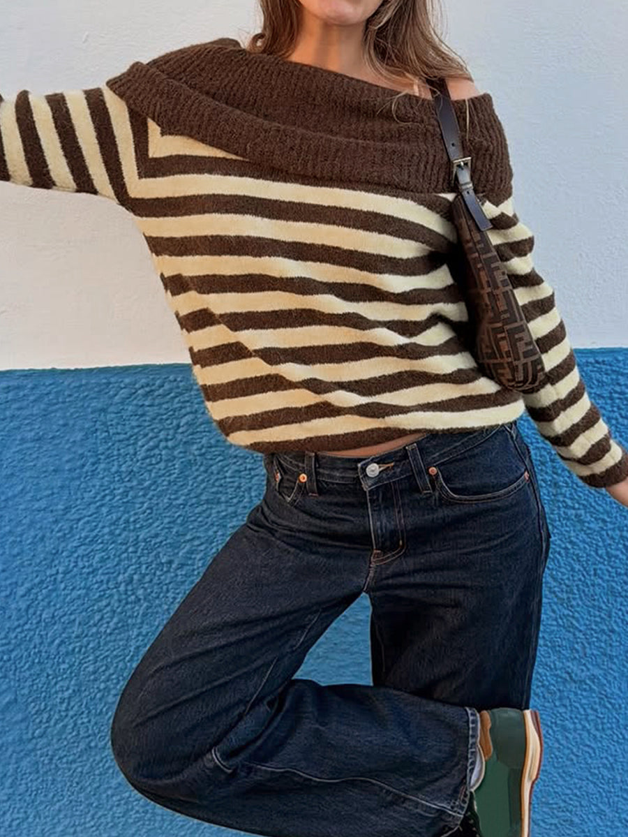 Striped Contrast Color Loose Long Sleeves Off-the-shoulder Sweater Tops