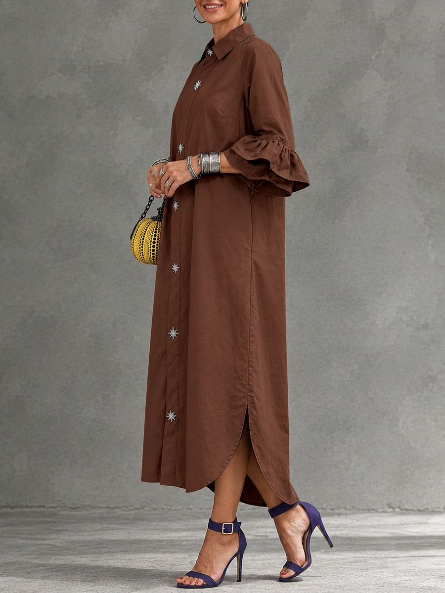 Split-side Solid Color Buttoned Three-quarter Sleeves Ruffle Sleeves Lapel Maxi Dresses