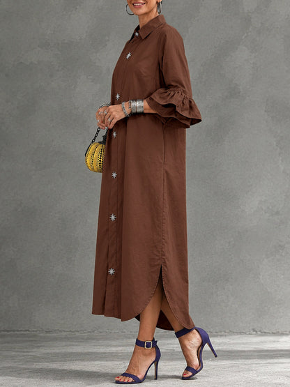 Split-side Solid Color Buttoned Three-quarter Sleeves Ruffle Sleeves Lapel Maxi Dresses