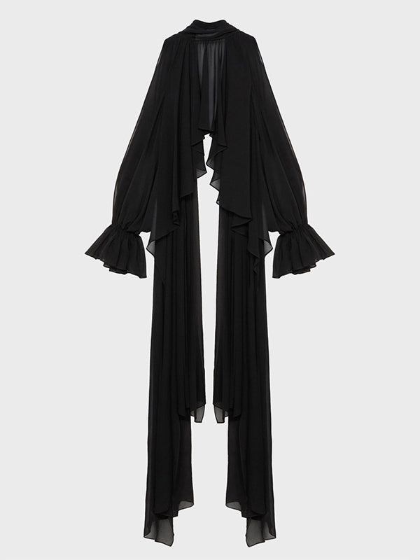 High-Low Long Sleeves Elasticity Hollow Pleated Solid Color Mock Neck Blouses&Shirts Tops