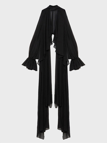 High-Low Long Sleeves Elasticity Hollow Pleated Solid Color Mock Neck Blouses&Shirts Tops