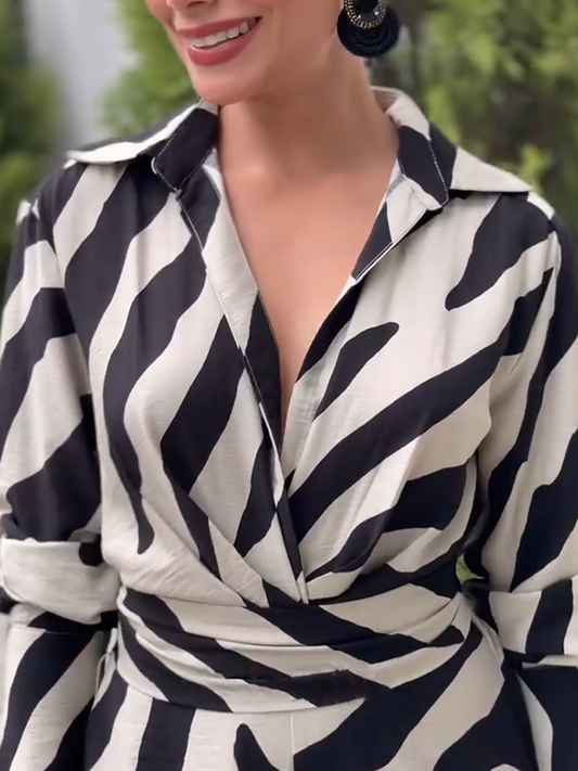 Long Sleeves Wide Leg Split-Joint Tied Waist Zebra Printed Lapel Jumpsuits