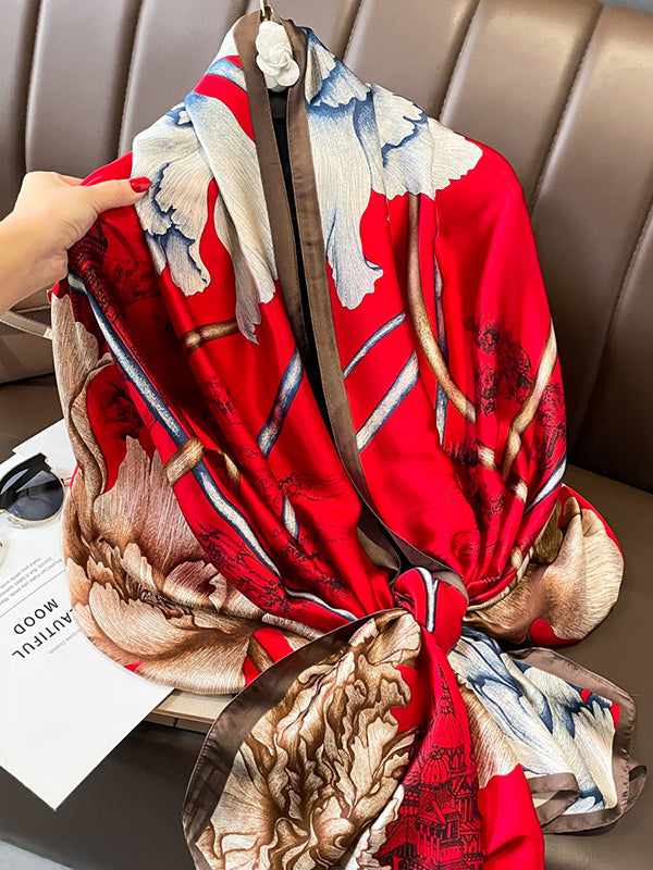 Floral Printed Sun Protection Shawl&Scarf RED One_size