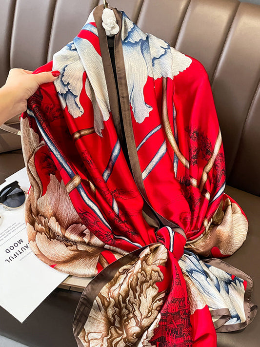Floral Printed Sun Protection Shawl&Scarf RED One_size