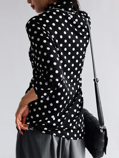 Long Sleeves Loose Polka-Dot Heaps Collar T-Shirts Tops