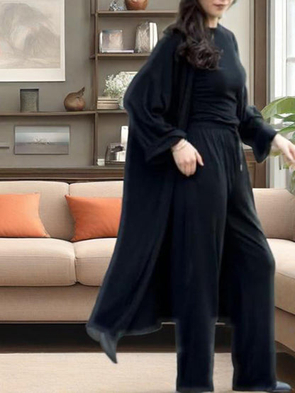 Ensemble trois pièces : cardigan ample à manches longues, t-shirt à col rond et pantalon élastique à cordon de serrage 