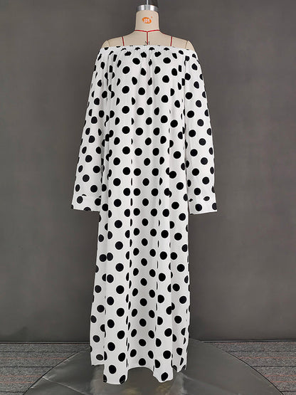 A-Line Long Sleeves Elasticity Polka-Dot Split-Joint Off-The-Shoulder Maxi Dresses