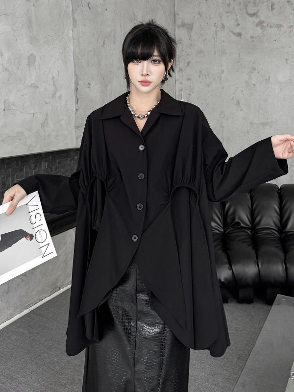 High-Low Irregularity Buttoned Pleated Solid Color Split-Joint Shirt Collar Blouses&Shirts Tops