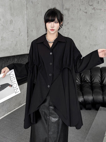 High-Low Irregularity Buttoned Pleated Solid Color Split-Joint Shirt Collar Blouses&Shirts Tops