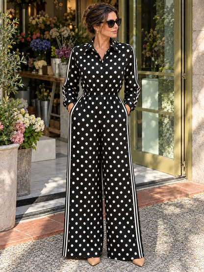 Striped Split-Joint Polka-Dot Pockets Contrast Color Buttoned Wide Leg Long Sleeves Lapel Jumpsuits