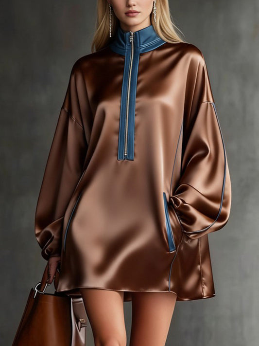 Long Sleeves Loose Contrast Color Pockets Split-Joint Zipper Half Turtleneck Mini Dresses