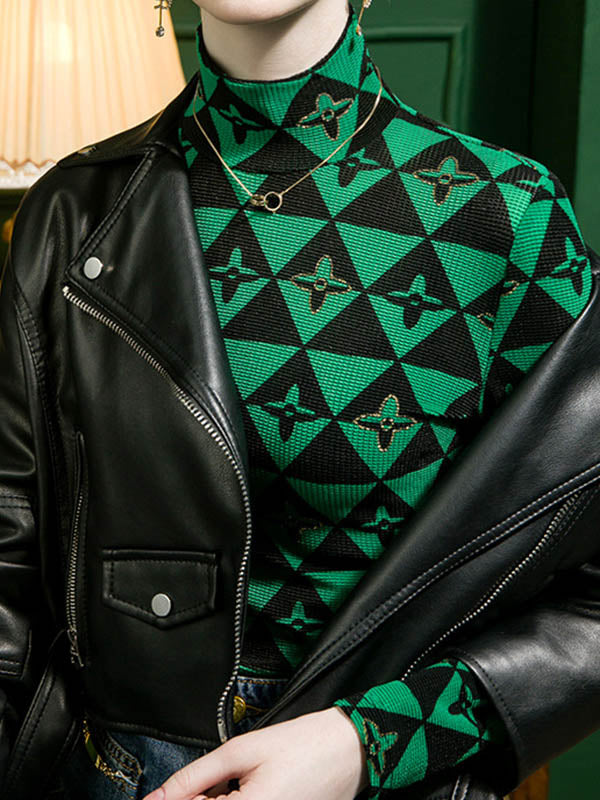 Long Sleeves Skinny Bronzing Contrast Color High Neck T-Shirts Tops