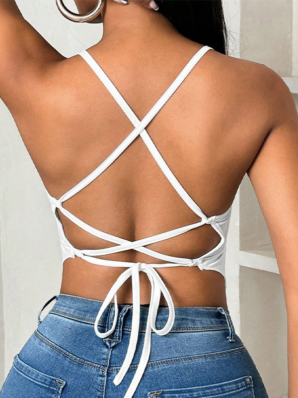 Haut sans manches ample à dos nu plissé de couleur unie avec col en V profond noué 