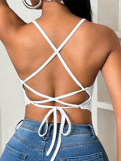 Haut sans manches ample à dos nu plissé de couleur unie avec col en V profond noué 