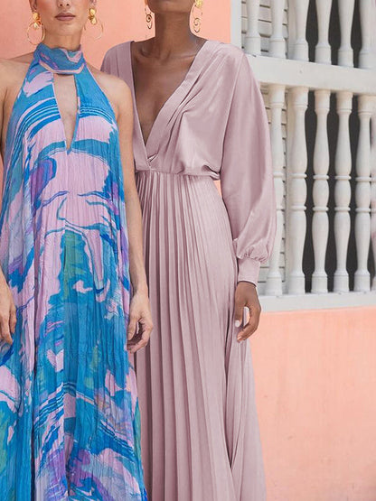 High Waisted Long Sleeves Pleated Solid Color Deep V-Neck Maxi Dresses