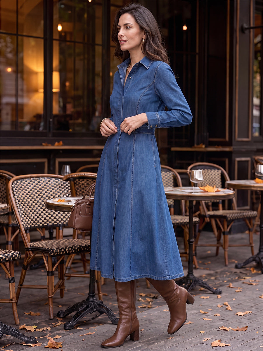 Split-Joint Solid Color Pockets Buttoned Long Sleeves High Waisted Lapel Midi Dresses
