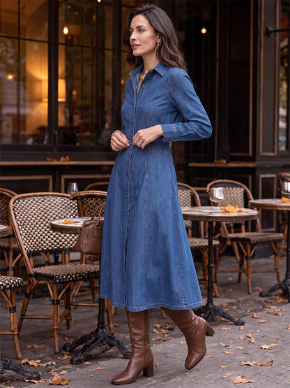 Split-Joint Solid Color Pockets Buttoned Long Sleeves High Waisted Lapel Midi Dresses