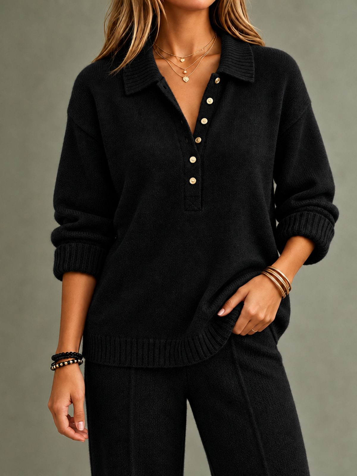 Solid Color Ribbed Buttoned Plus Size Loose Lapel Sweater Pullovers