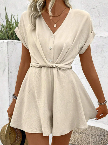Loose Raglan Sleeve Pleated Solid Color Split-Joint V-Neck Rompers