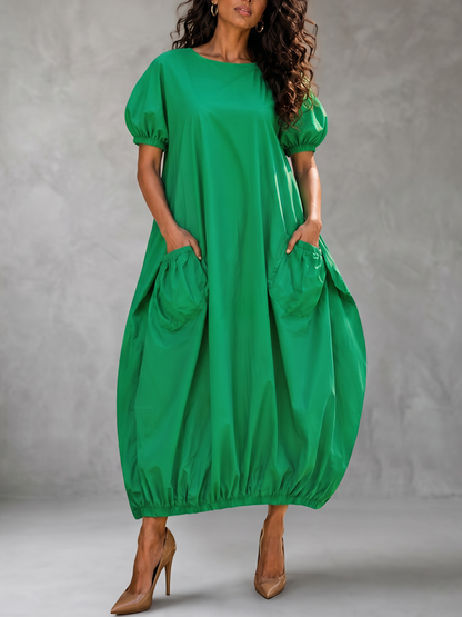 Split-Joint Solid Color Pockets Elastics Short Sleeves Bloomers Round-neck Maxi Dresses