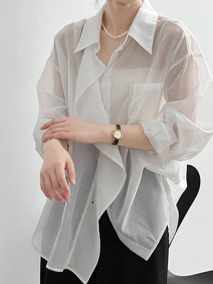 Irregular Clipping Long Sleeves Solid Color Lapel Blouses&Shirts Tops