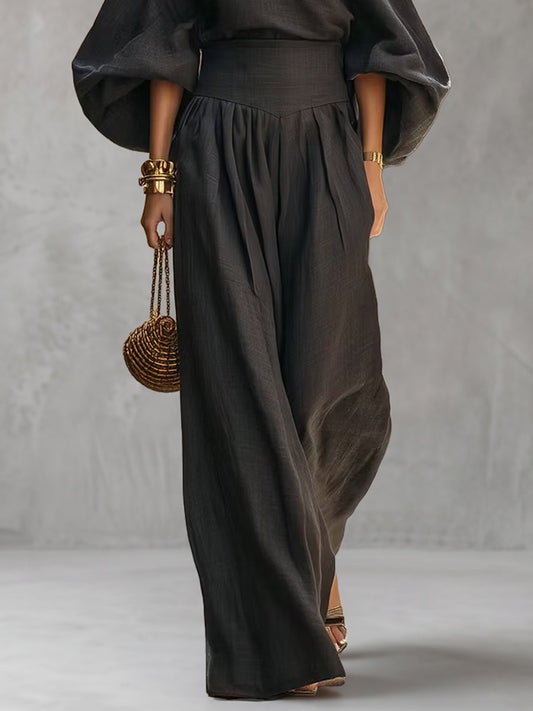 Split-Joint Solid Color Pockets Pleated Wide Leg Loose Trousers Pants