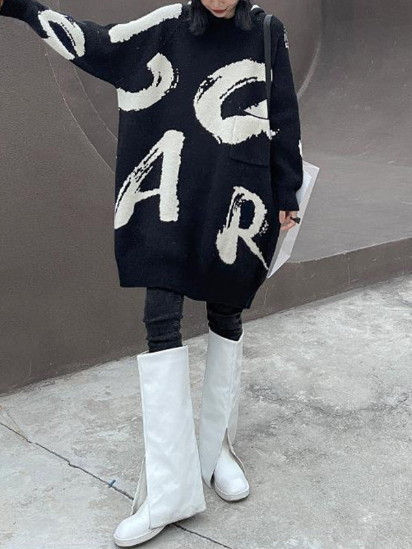 Long Sleeves Loose Knitted Letters Pockets Hooded Mini Dresses Sweater Dresses