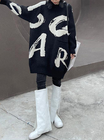 Long Sleeves Loose Knitted Letters Pockets Hooded Mini Dresses Sweater Dresses