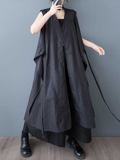 A-Line Loose Pockets Solid Color Tied Zipper V-Neck Midi Dresses Shirt Dress