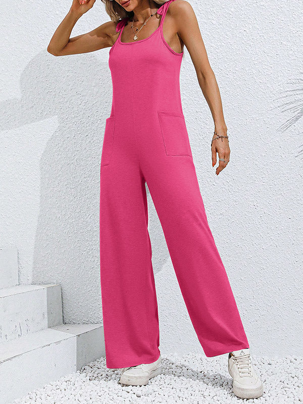 High Waisted Sleeveless Pockets Solid Color Tied Spaghetti-Neck Jumpsuits