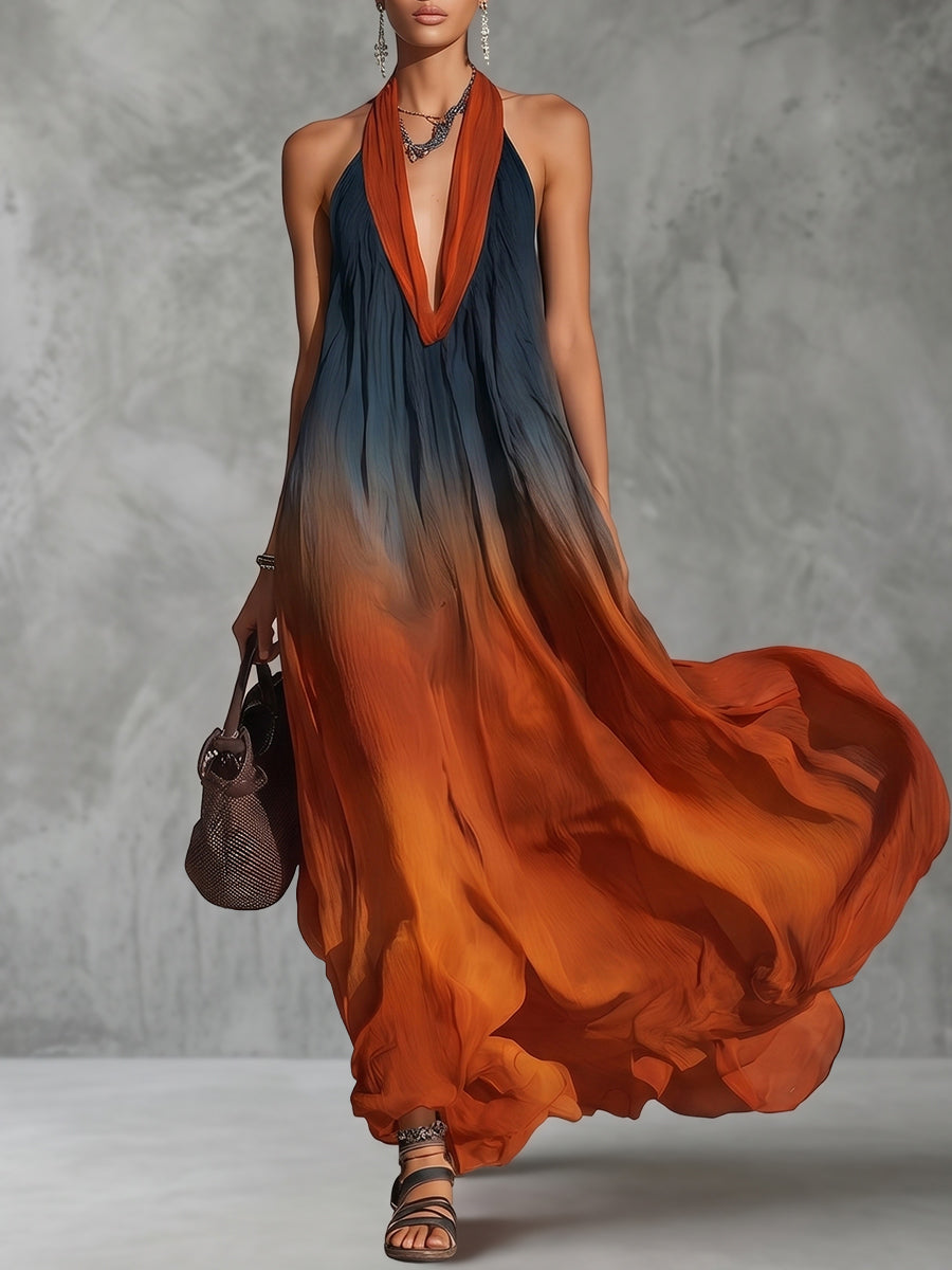 A-Line Loose Contrast Color Pleated Deep V-Neck Maxi Dresses