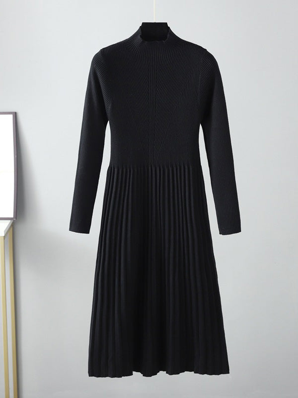 Stylish Long Sleeves High Waisted Pleated Solid Color Half Turtleneck Sweater Dresses