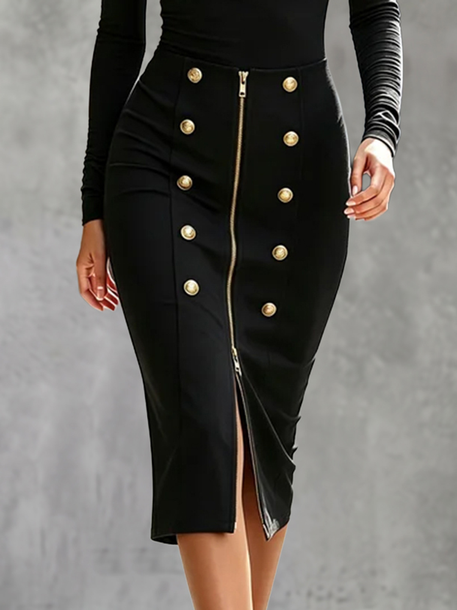 Zipper Solid Color Buttoned High Waisted Bodycon Skirts