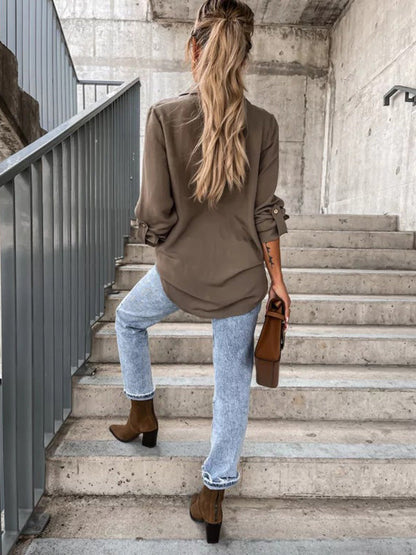 Chemisiers tendance à manches longues et col à revers de couleur unie 